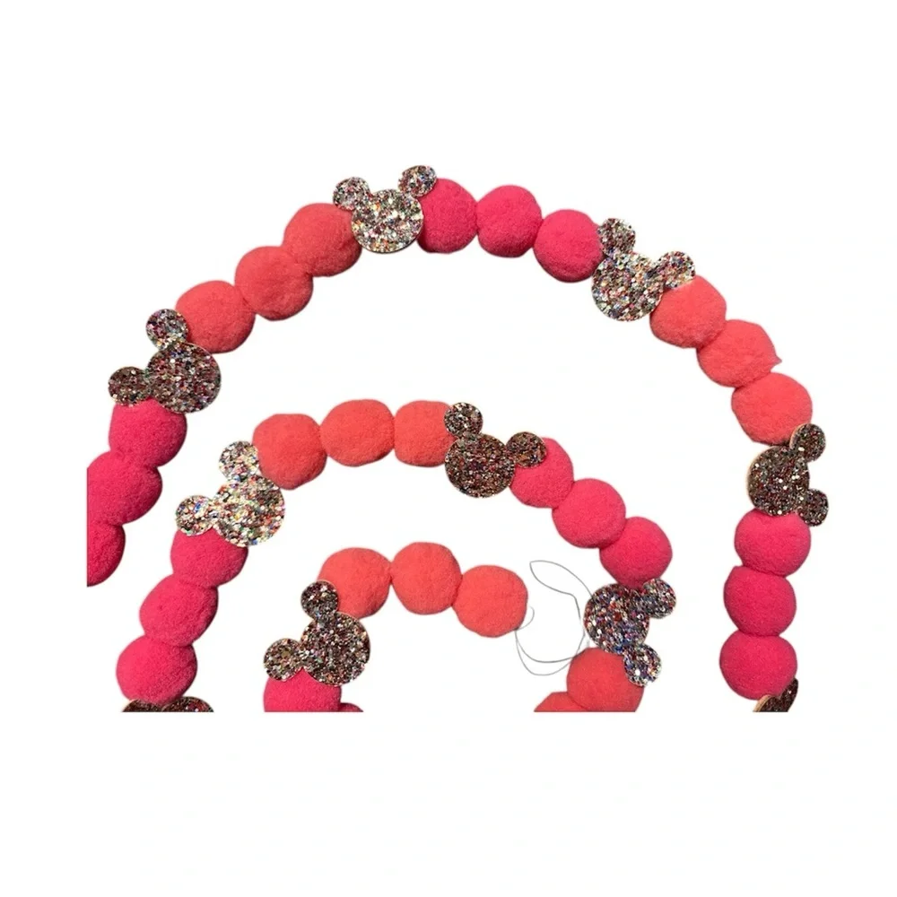 7 ft Valentine's Day Pinks Disney Glitter Mickey Pom Pom Garland Handmade thread